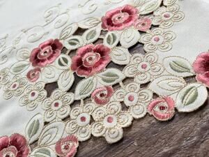Embroidered Pink Rose Table Topper, Cutwork Floral Linen, Cottagecore
